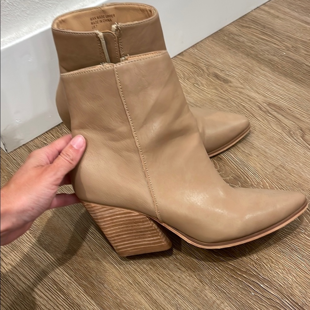Tan Heeled Boots with Stacked Wooden Heel